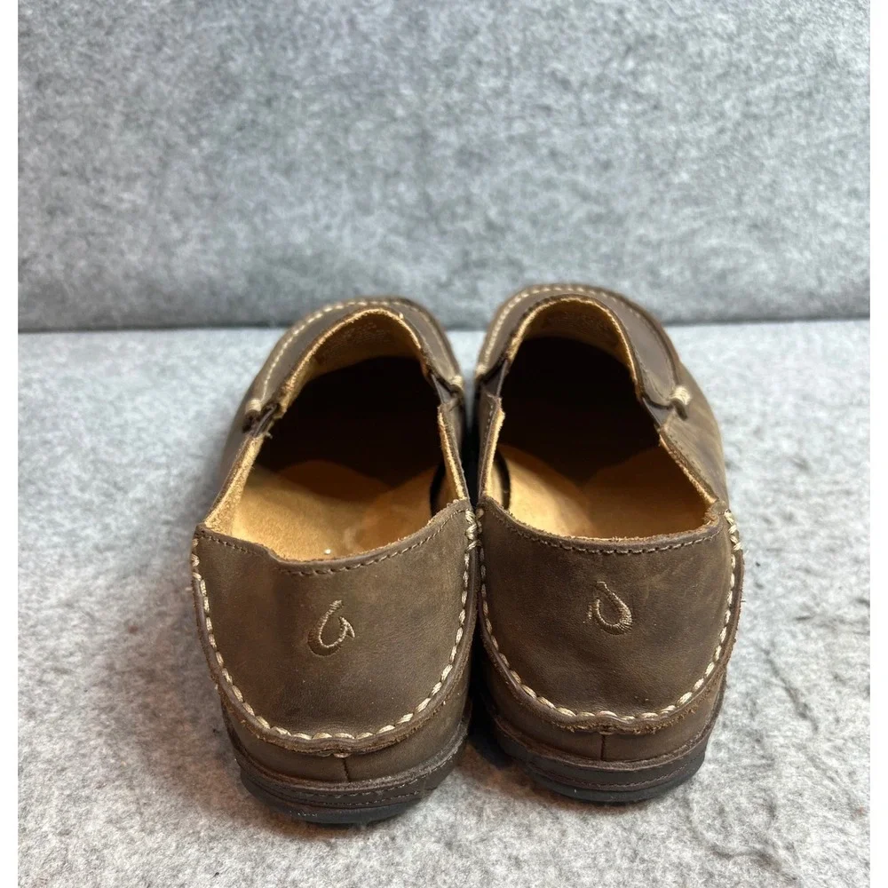 Olukai Moloa Mens Leather Slip On Shoes Dark Wood Brown Drop-In Heel Loafers 9.5